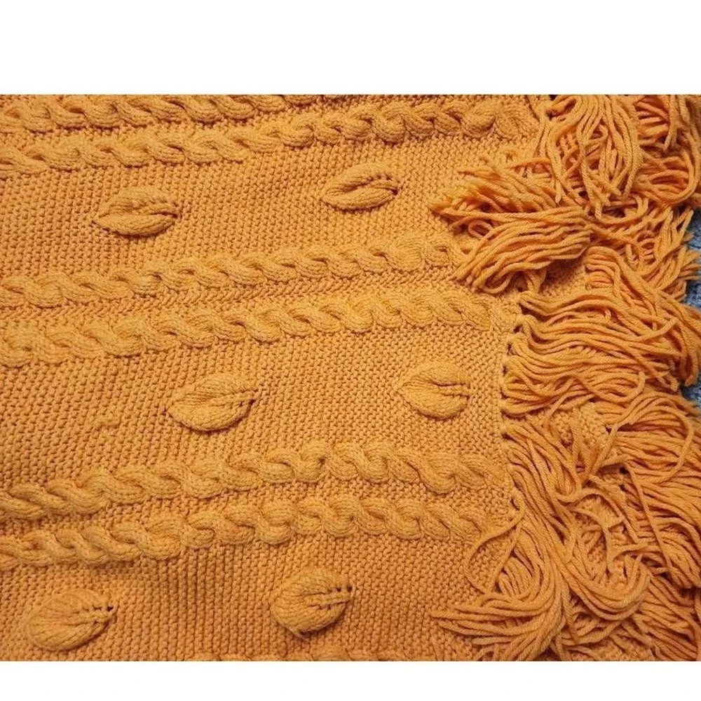 Mustard Yellow Cable Knit Throw Blanket‎ with Fringe Boho Marigold Chunky Knit
